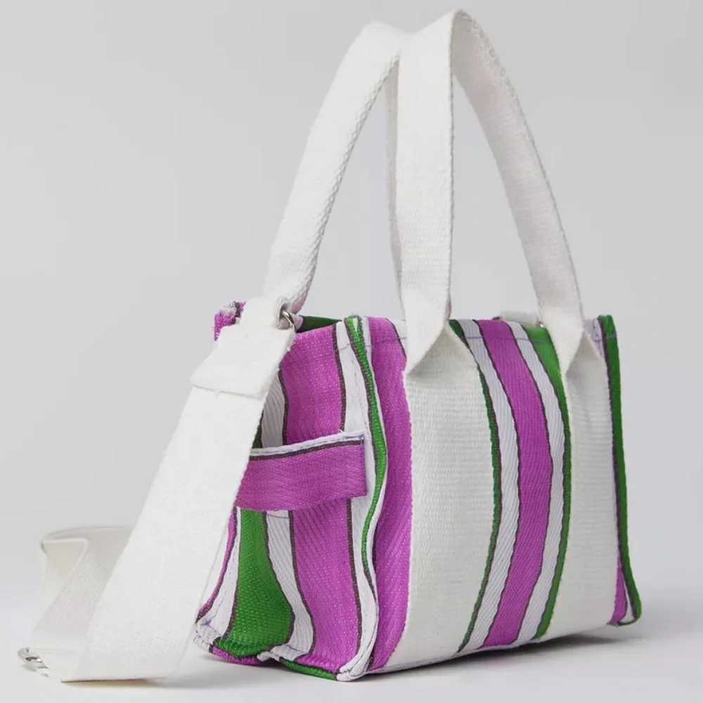 Striped Canvas Tote Bag in White, Pink & Green